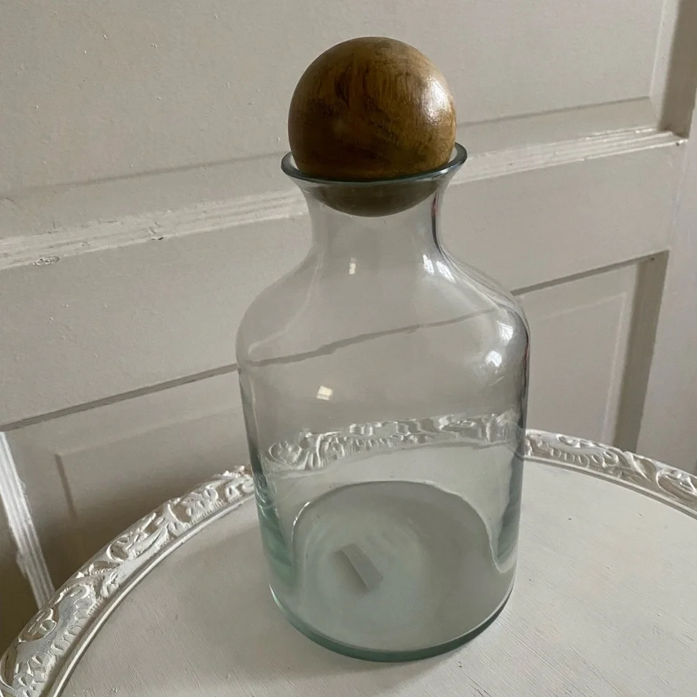 POTTERY BARN Glass Decanter with Wood Stopper NEW